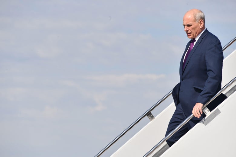 White House chief of staff John Kelly arrives at Hector International Airport in Fargo, North Dakota, on September 7, 2018. (Photo by Nicholas Kamm / AFP) (Photo credit should read NICHOLAS KAMM/AFP/Getty Images)